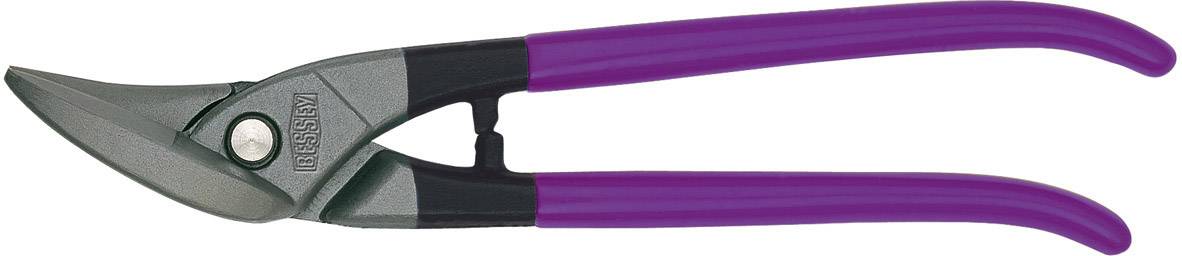 A metal shears with violet handles, suitable for cutting metal.