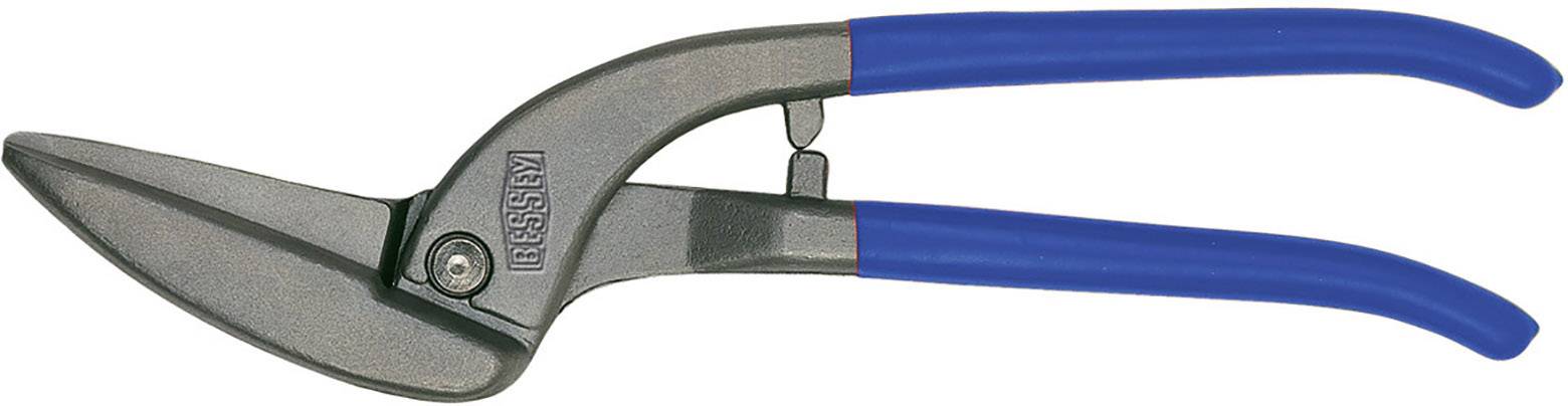 Metal shears with blue handles, curved blades for cutting sheet metal or similar materials.