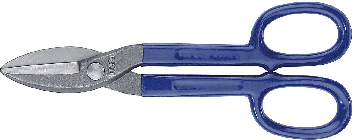 A blue metal scissors with sharp, metallic blades and an ergonomic handle is shown.