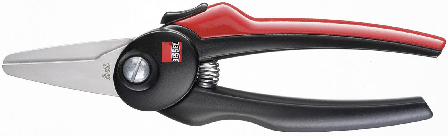 Garden shears with a red handle, black body and silver blade, suitable for cutting plants.