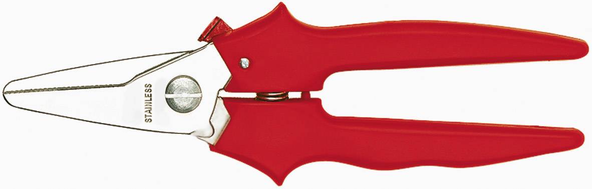 Red kitchen scissors with stainless steel blades, opened and shown from the side.