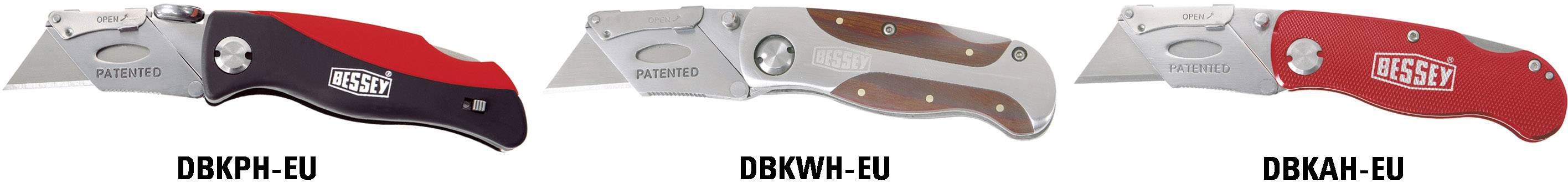 Three pocket knives in different colours (red, silver, black) with the inscription 'DESIGN' on the blade, model numbers underneath.