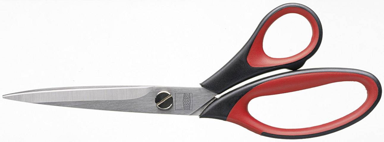 Red and black kitchen scissors with stainless steel blades, lying flat on a white background.