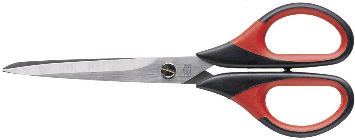 Scissors with a red and black handle, open. They are suitable for craft or everyday cutting tasks.