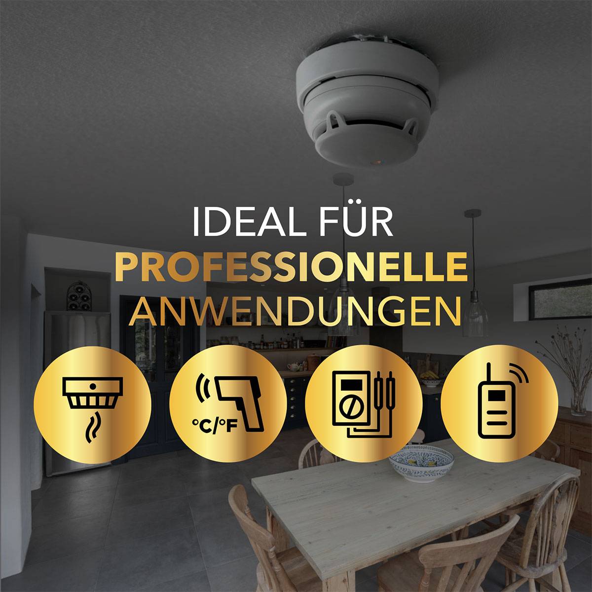 A smoke detector is installed on the ceiling of a modern kitchen. Text on the image says 'Ideal for professional applications'. Symbols show temperature and other operating modes.