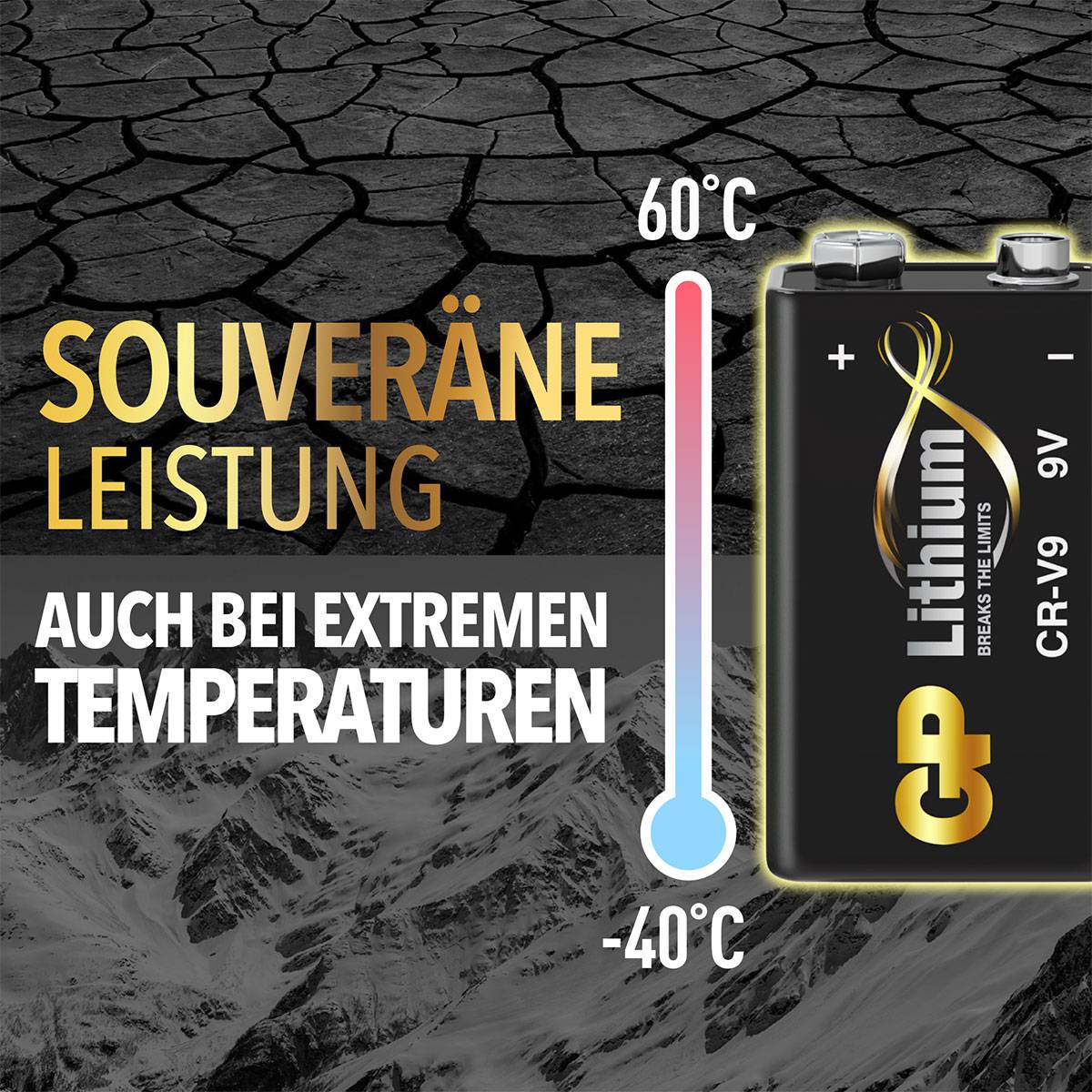 Advertisement for Lithium 9V Battery: Superb performance at extreme temperatures ranging from -40°C to 60°C.