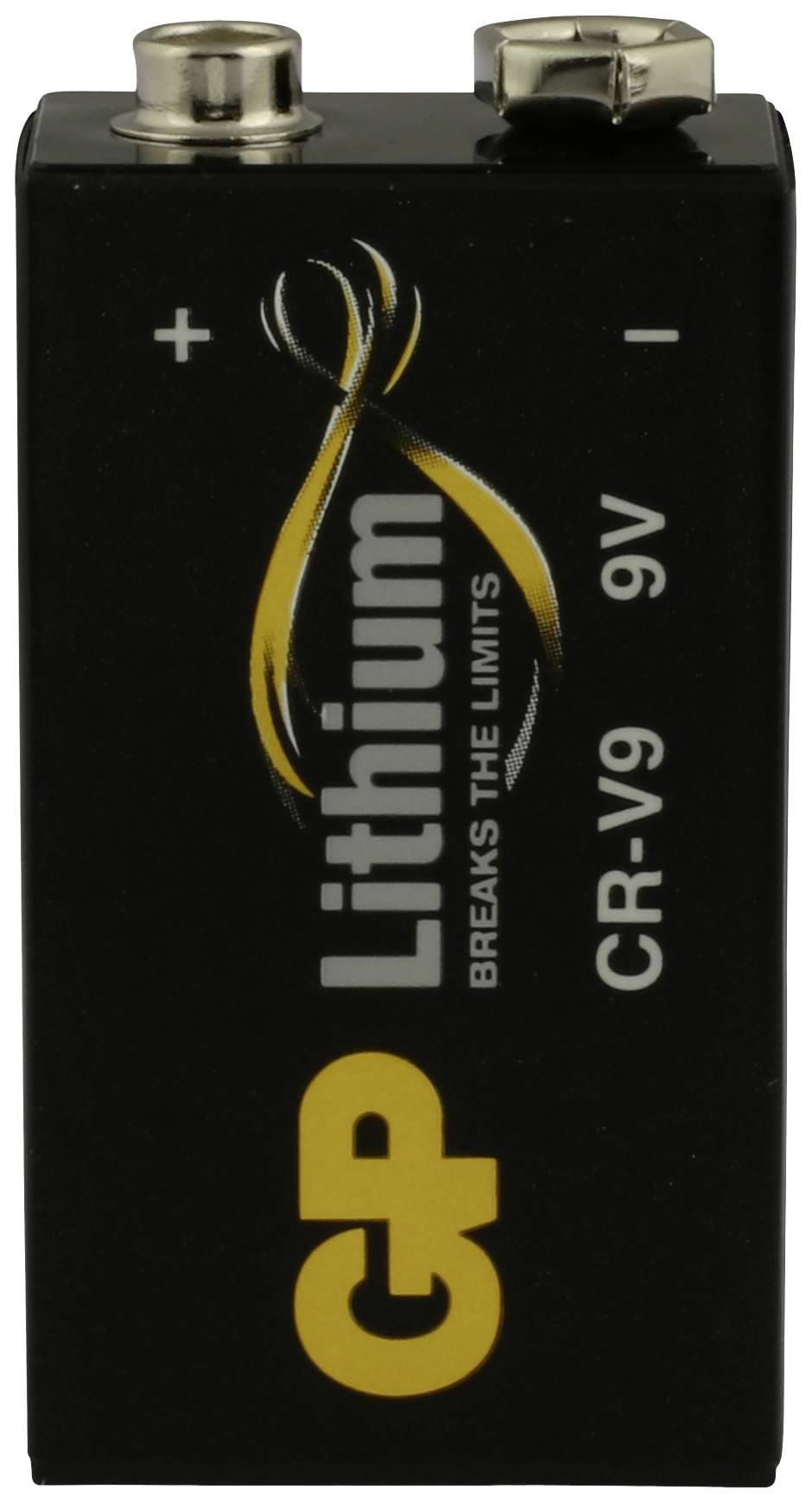 A black 9V lithium battery block by the brand GP with markings '+', 'Lithium', 'CR-V9', and 'Breaks the Limits'.