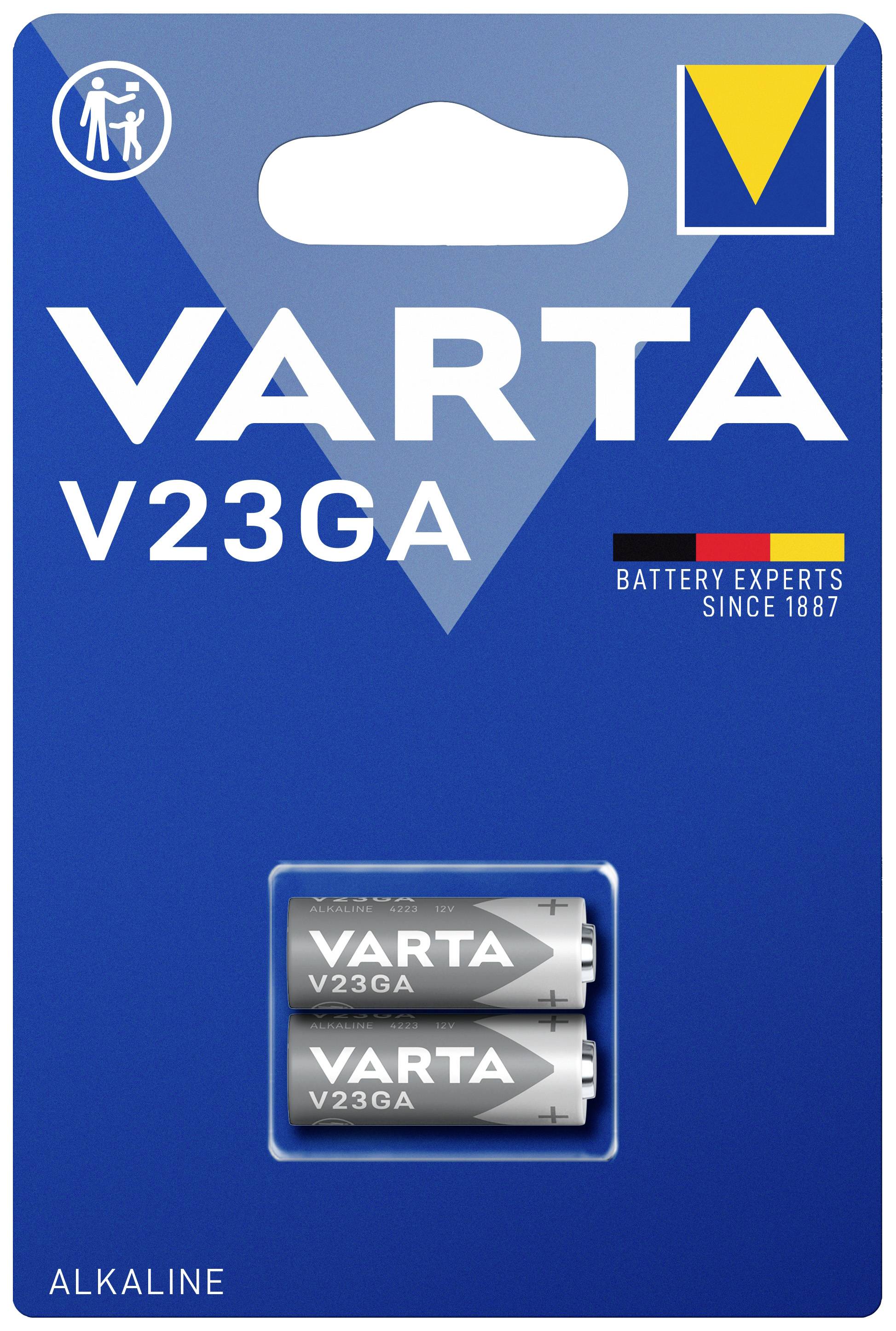 A pack of two Varta V23GA alkaline batteries. A symbol indicating child-resistant packaging is located in the top left corner.