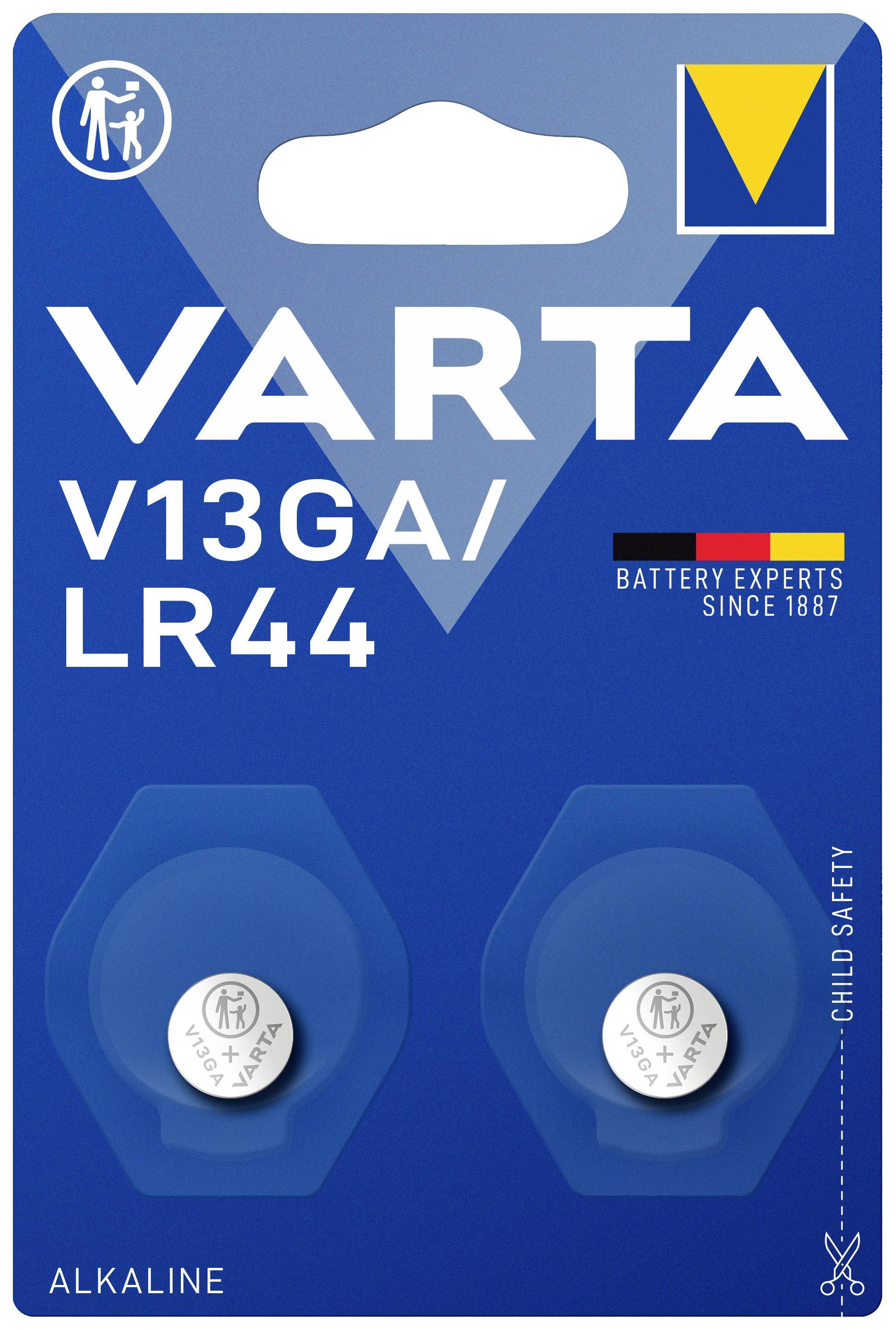 'Varta' Alkaline batteries V13GA/LR44, pack of 2, on blister card, highlighted: 'Battery Experts since 1887', child safety.