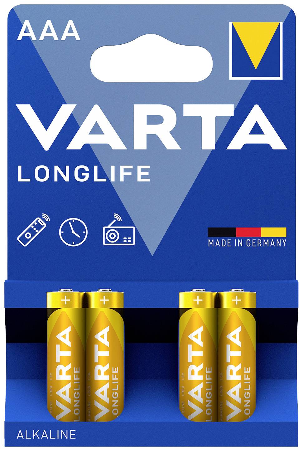 Pack of four AAA Varta Longlife Alkaline batteries. Note of long-lasting performance. Made in Germany.