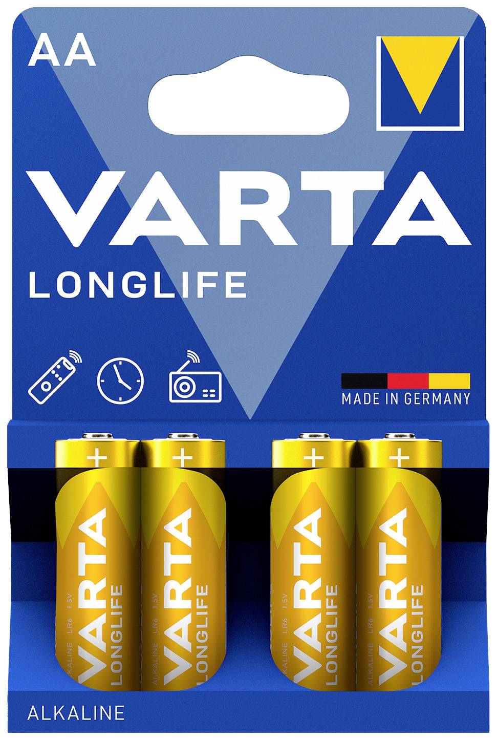 Packaging containing four Varta Longlife AA alkaline batteries, emphasising longevity with pictograms for clock, camera, torch, 'Made in Germany'.