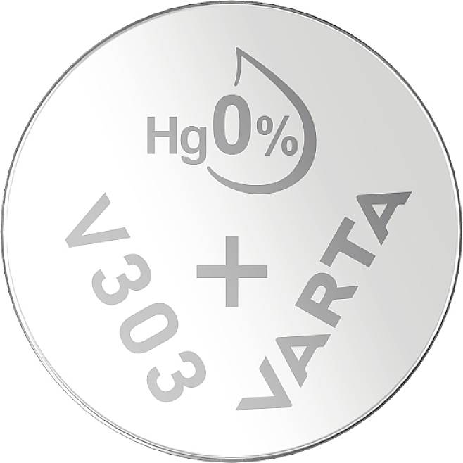 Round silver Varta battery with the inscription 'Hg 0%', 'V303' and a plus sign, which indicates mercury-free contents.