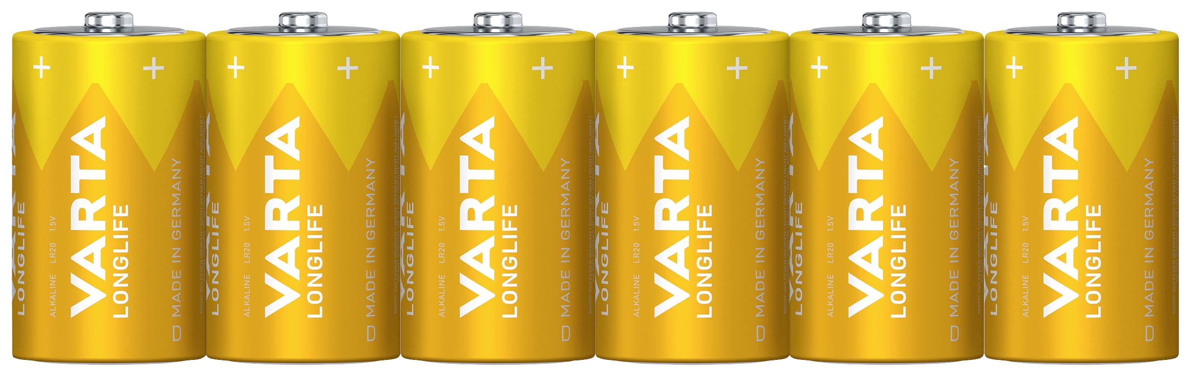 Six yellow batteries with the label 'Varta Longlife', lined up in a row.