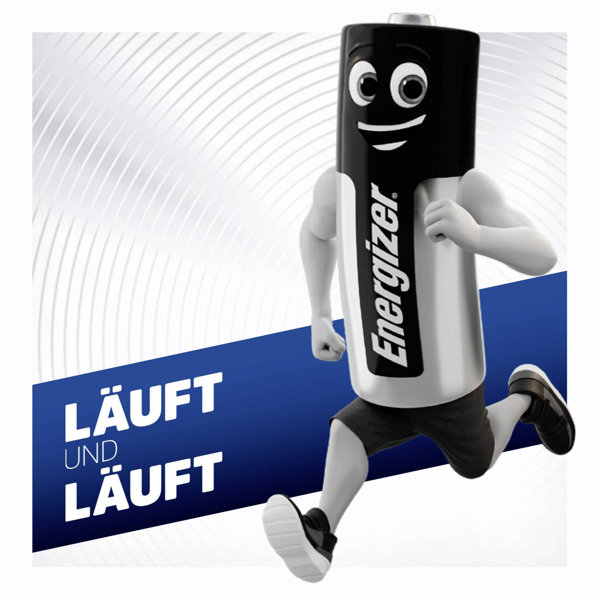 A laughing battery with arms and legs is running. Text: 'KEEPS GOING AND GOING'.