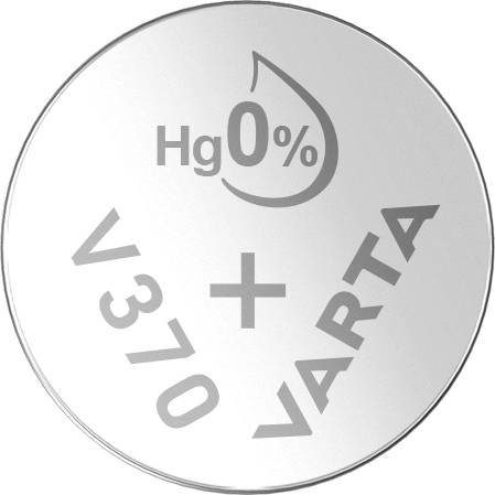 Round silver battery with 'Hg 0%' inscription, model number 'V370' and brand 'VARTA'. Contains no mercury.