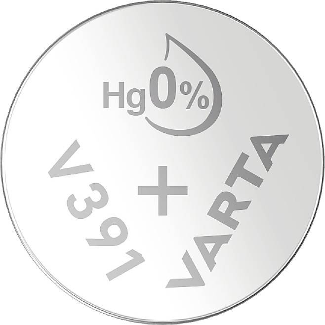 Round silver-coloured Varta button cell with the inscription 'Hg 0%', 'V391', and a plus sign.