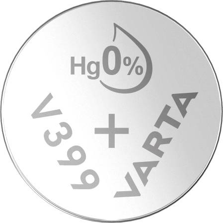 Silver button cell with inscription 'Hg 0%', model 'V399', manufacturer 'VARTA'.