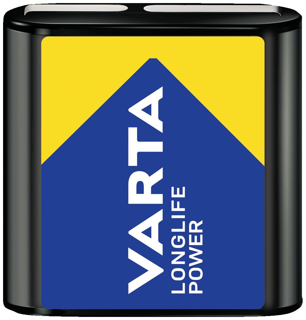 A 'Varta Longlife Power' battery, square-shaped, with a blue and yellow label.