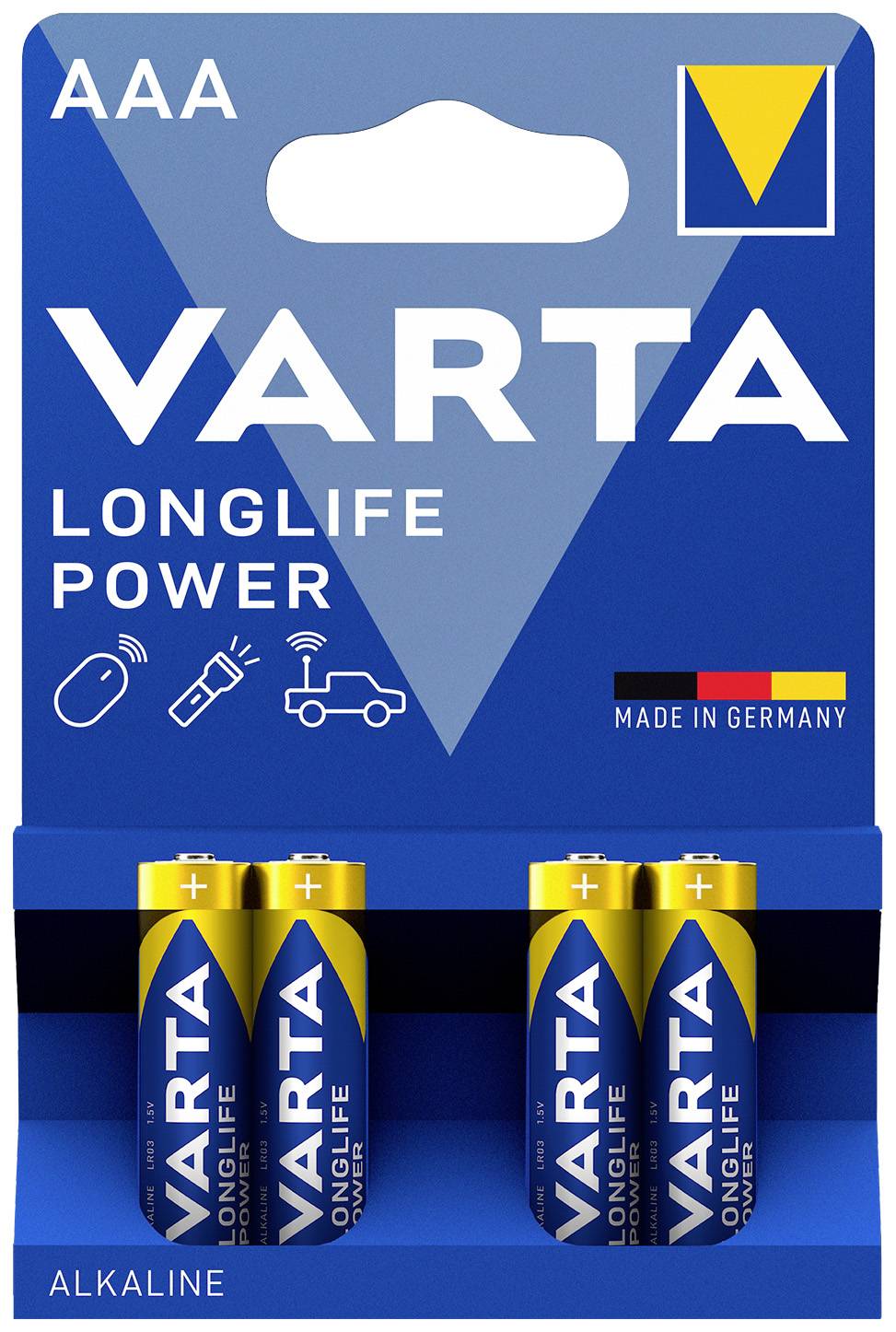 'VARTA LONGLIFE Power AAA' batteries in a blue package, four pieces. Label 'Made in Germany'. Alkaline type.