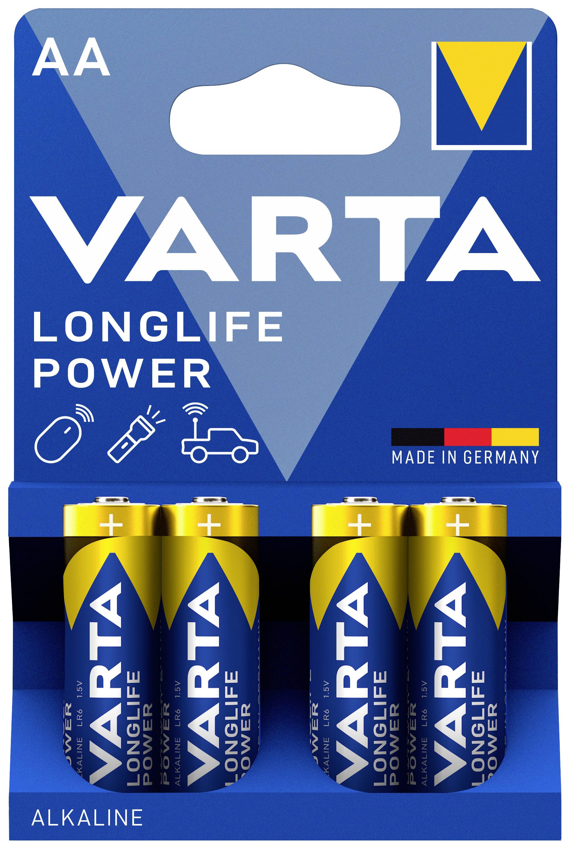 Four AA-alkaline batteries by the brand VARTA in one package. Labelled 'LONGLIFE POWER', manufactured in Germany.