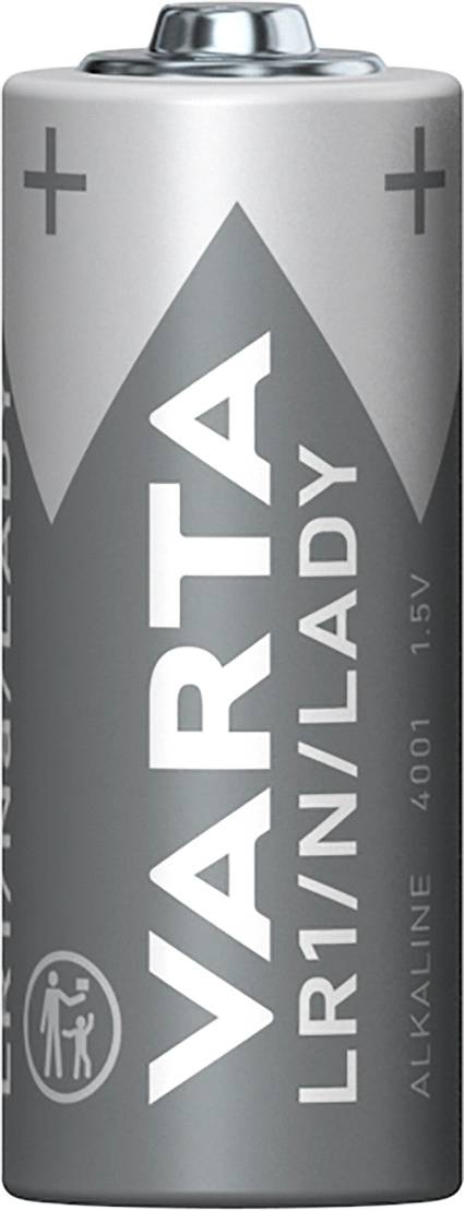 A silver-grey VARTA alkaline battery model LR1/N/LADY, 1.5 V, with plus and minus symbols on the casing.