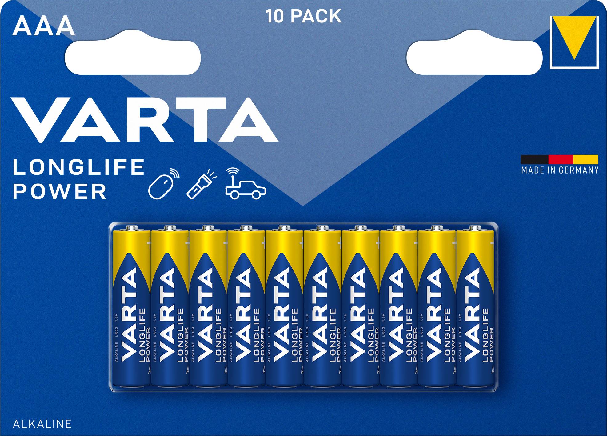 VARTA AAA Batteries, Pack of 10, LONGLIFE POWER, alkaline. Suitable for remote controls and other devices. Manufactured in Germany.