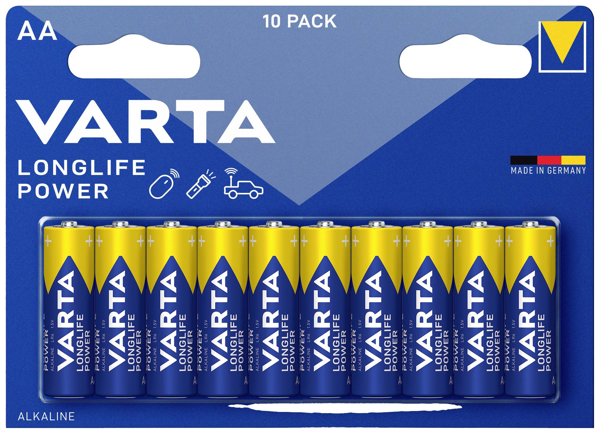 A pack of 10 Varta Longlife Power AA batteries in blue packaging, manufactured in Germany, suitable for various devices.