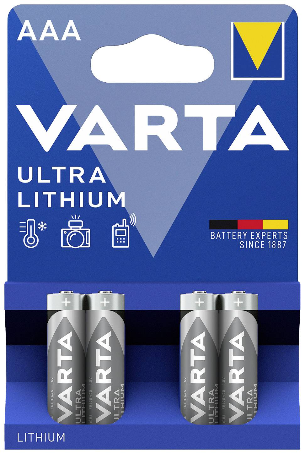 AAA VARTA Ultra Lithium Batteries in blue packaging with 'Battery Experts Since 1887' text. Suitable for cameras and mobile devices.