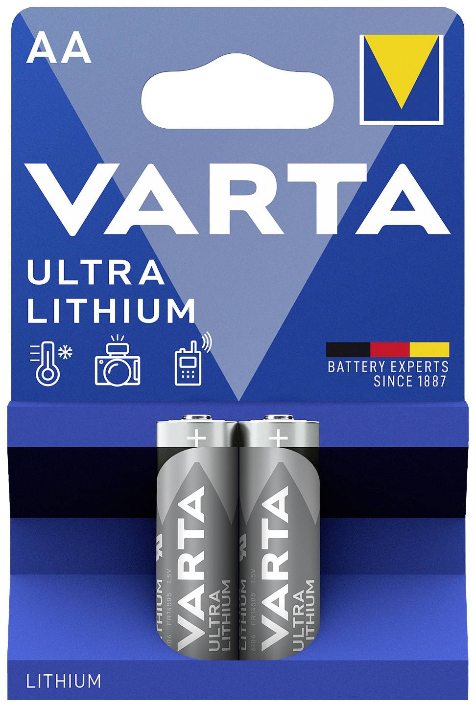 Two AA Varta Ultra Lithium batteries in a blue package, suitable for cameras, torches and electronic devices.
