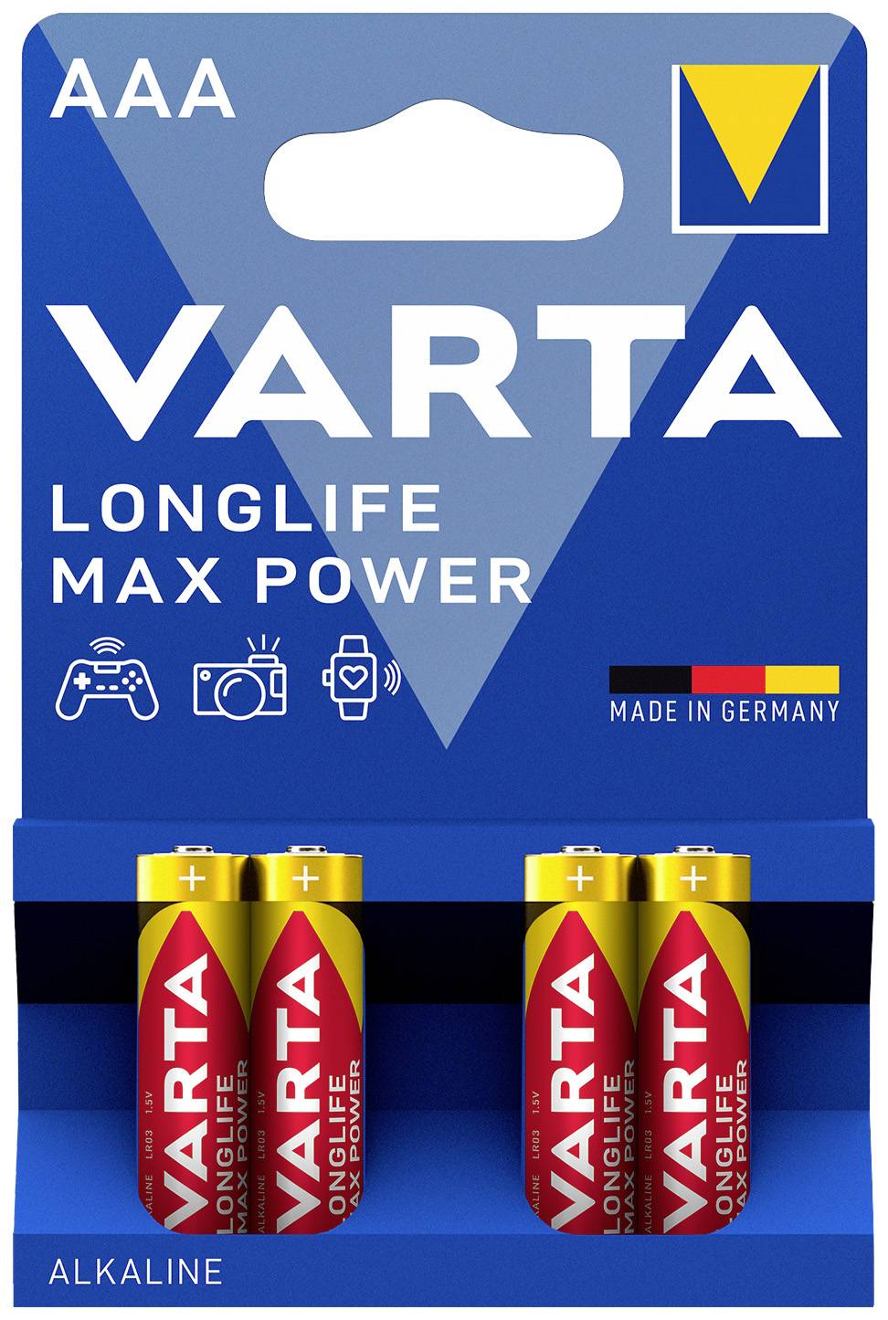 Pack of four AAA VARTA Longlife Max Power Alkaline Batteries, suitable for toys, cameras and audio devices, 'Made in Germany'.