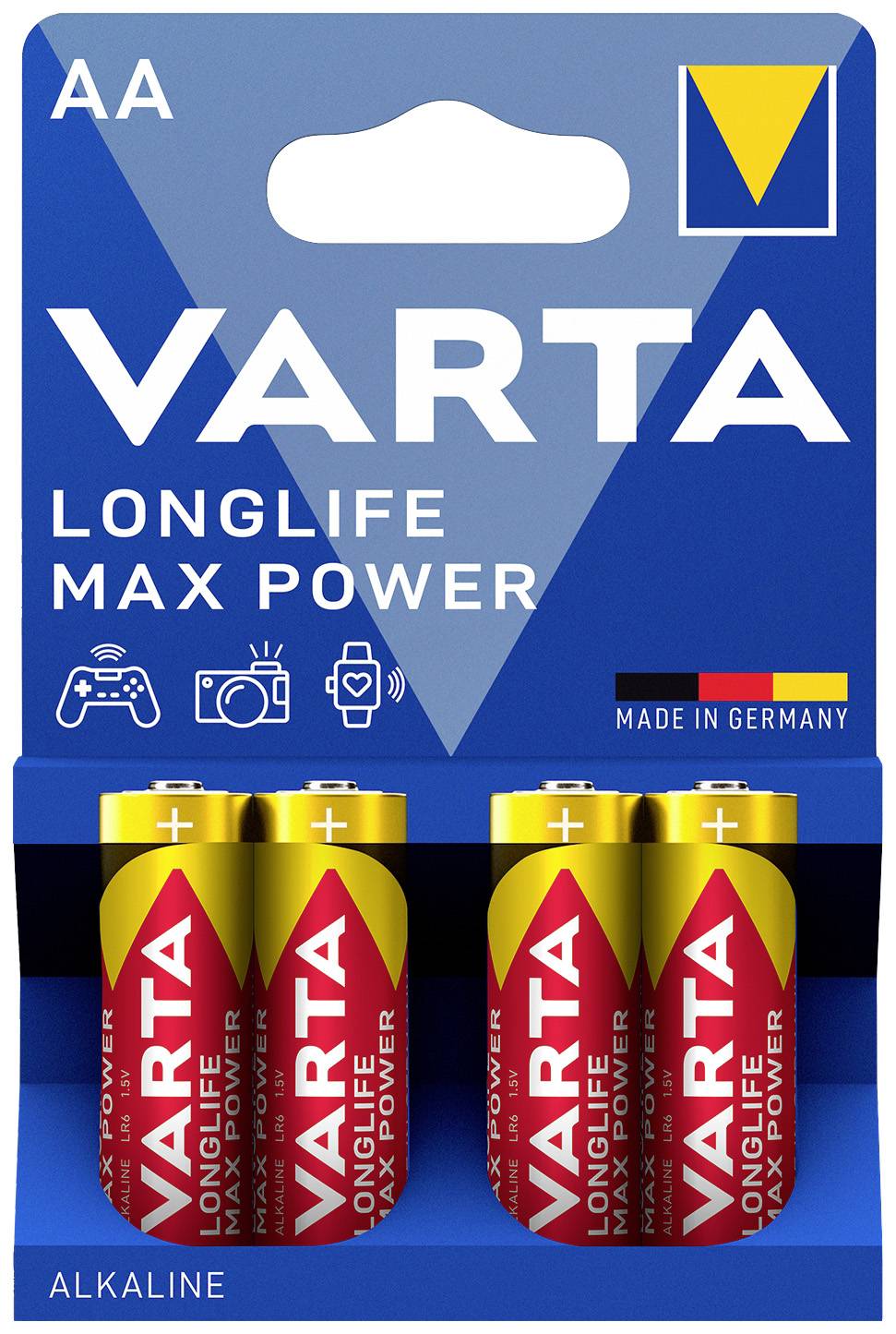 Four VARTA AA 'Longlife Max Power' batteries in one pack. Suitable for cameras, controllers, watches. Manufactured in Germany.