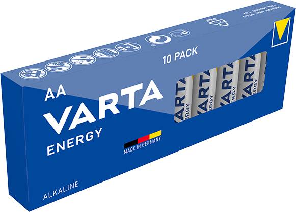 Varta Energy AA Batteries, pack of 10. Blue packaging with 'Made in Germany' marking. Alkaline batteries.