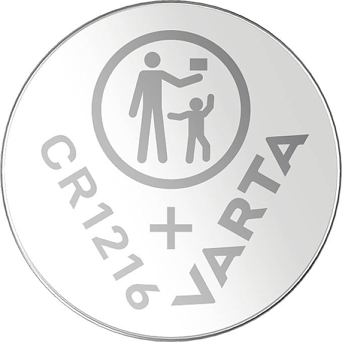 Silver button cell with inscription 'CR1216 VARTA'. Above the inscription is a symbol of an adult and a child.
