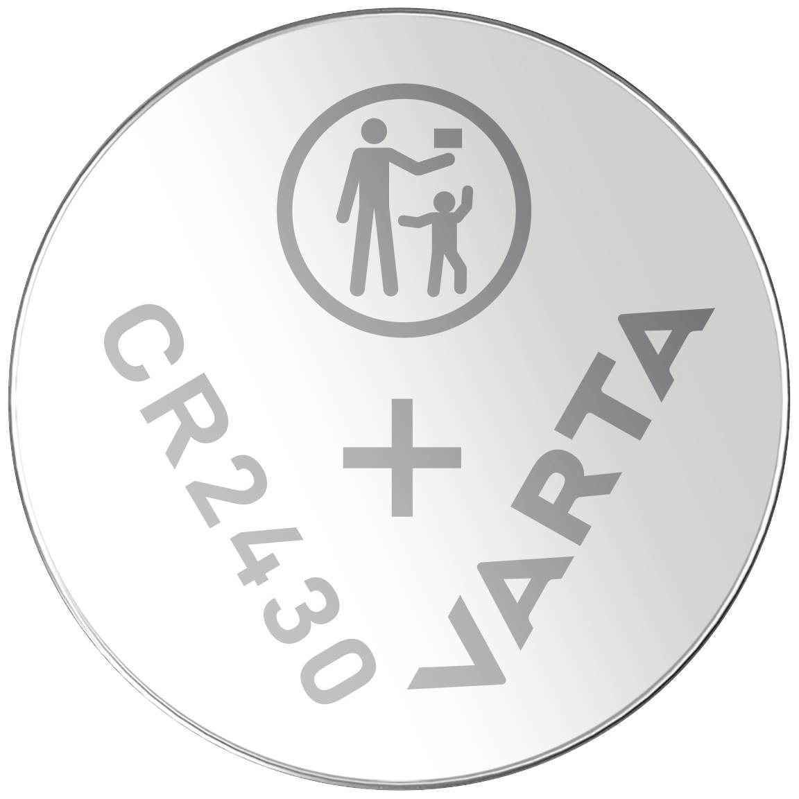 'CR2430 VARTA' Silver button cell with symbol indicating careful handling around or near children.