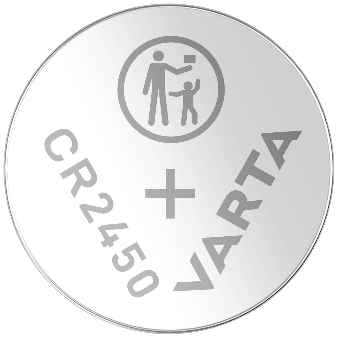 Silver button cell battery with the inscription 'CR2450 VARTA' and a symbol depicting an adult with a child.