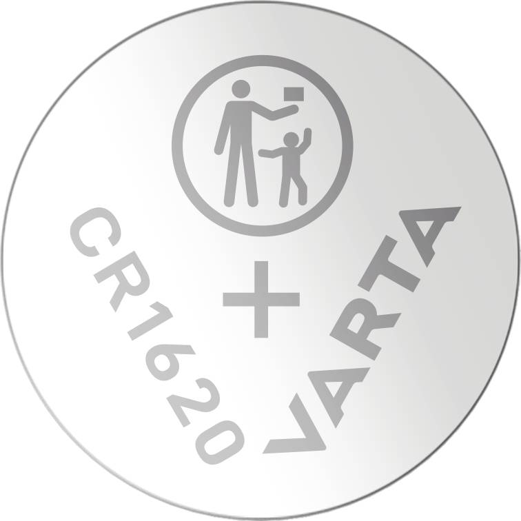 Silver button cell battery with the inscription 'CR1620 VARTA'. Icon shows an adult giving a symbol to a child.