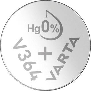 Silver button cell battery with the inscription 'Hg 0%', 'V364' and 'VARTA'.