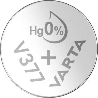 Round silver battery with the inscription Hg 0% V377 VARTA