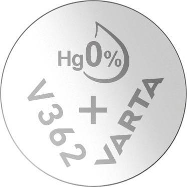 A silver button cell with the inscription 'Hg 0%', 'V362', '+' and 'VARTA', indicates a mercury-free battery.