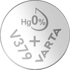 'VARTA' button cell battery with inscription 'Hg 0%', model number V379. Contains no mercury.