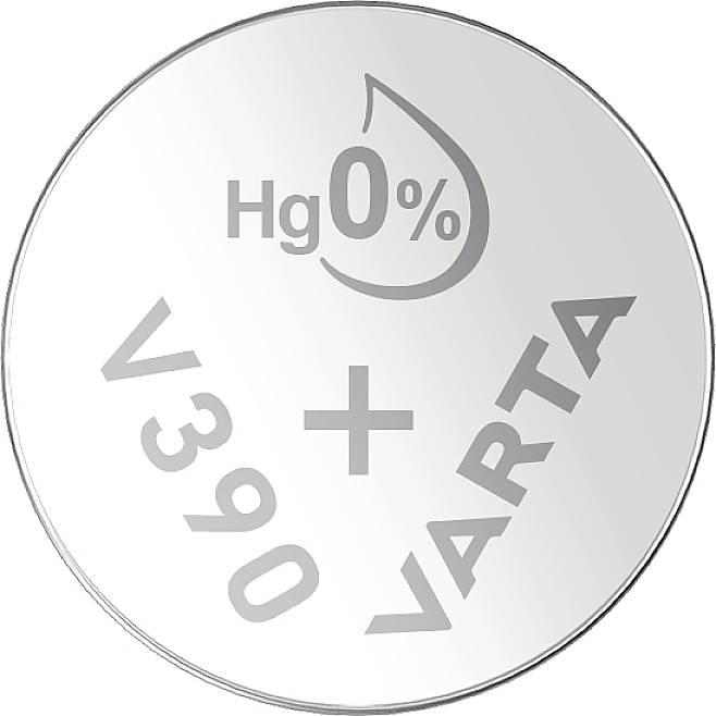 'VARTA V390 button cell', shows 'Hg 0%' as mercury-free.