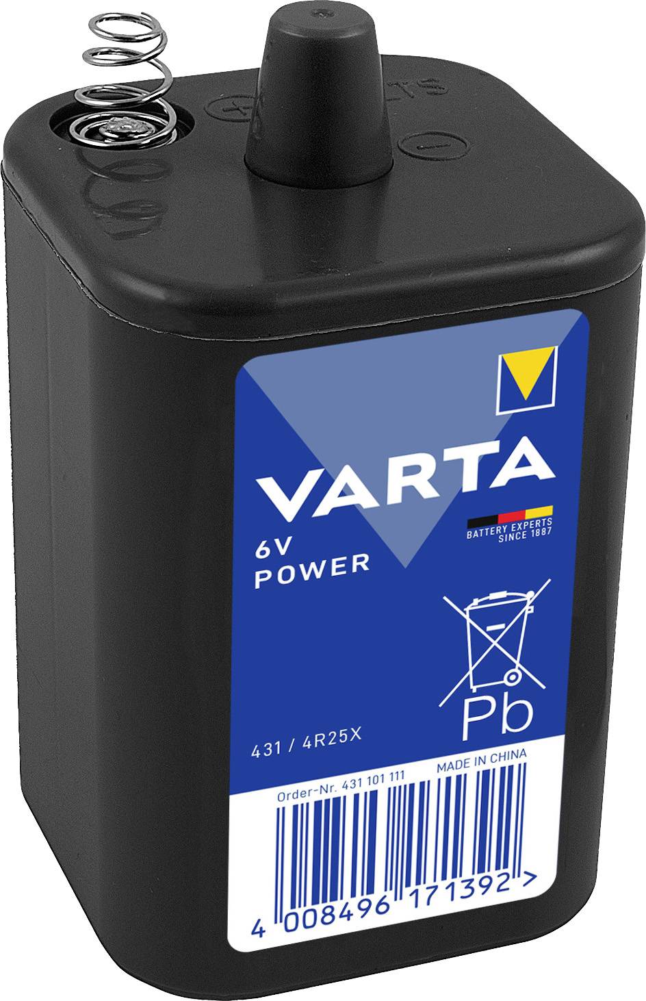 Black-grey 6V battery by Varta, model 4R25X. Print shows the symbol for lead (Pb) and the inscription 'Made in China'.