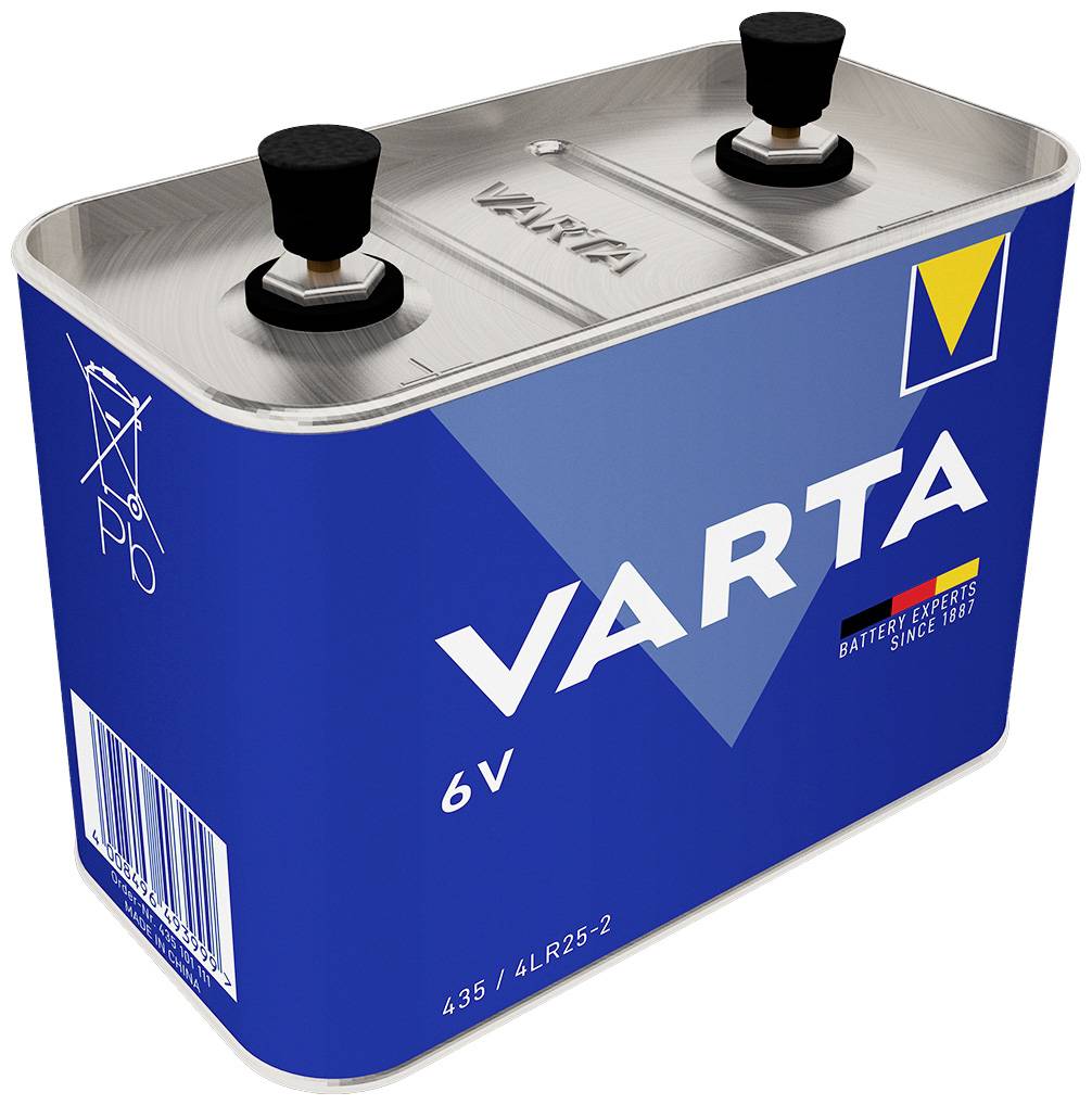 Battery with blue casing and two black terminals, brand 'VARTA', 6V, showing recycling and product symbol.