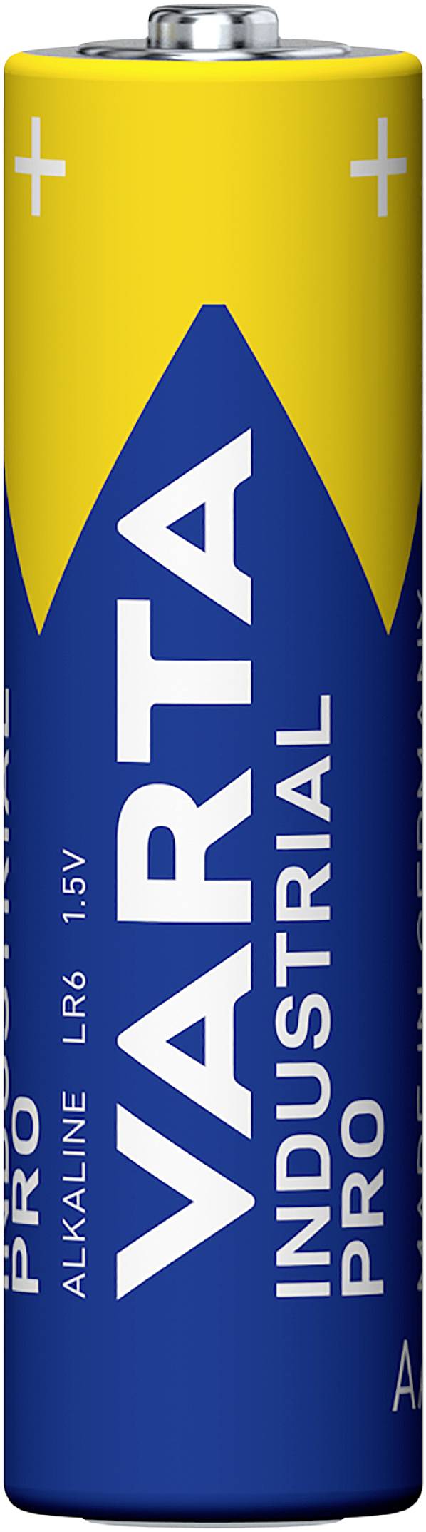Battery with blue and yellow packaging, which reads 'Varta Industrial Pro Alkaline LR6 1.5V'.