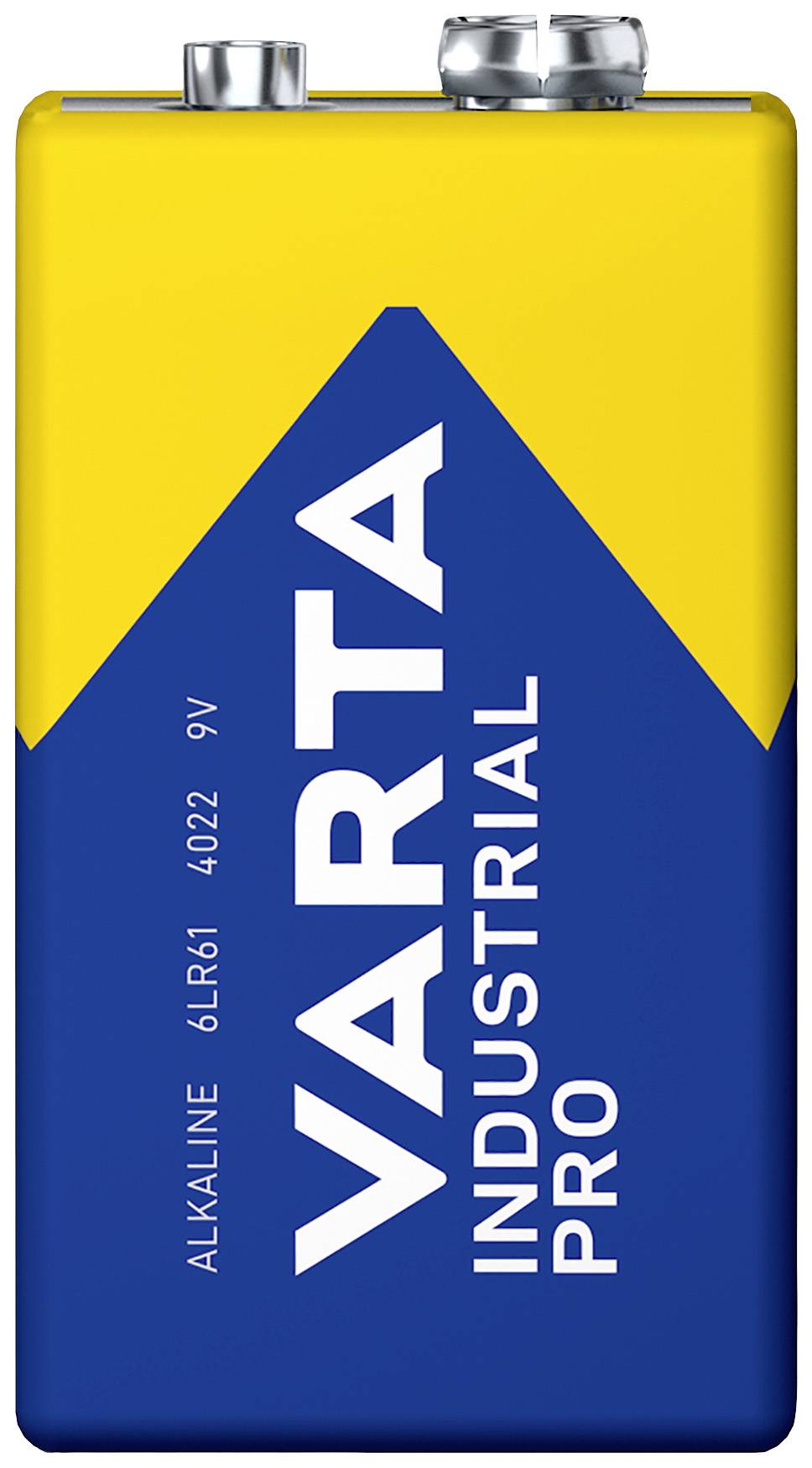 Yellow and blue Varta Industrial Pro 9V battery with silver terminals on top, text on the side: 'Alkaline 6LR61 4022 9V'.