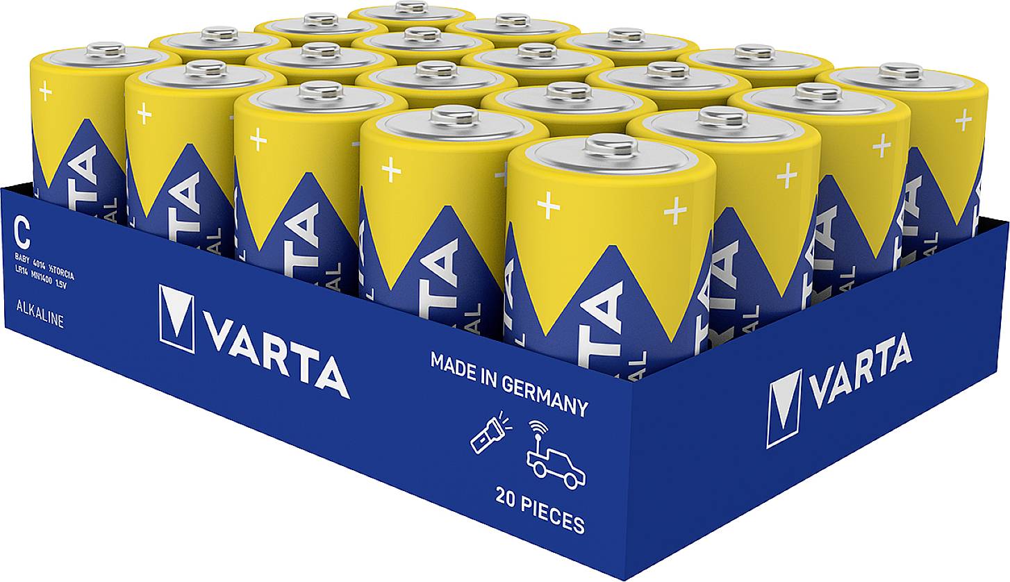 A pack of 20 yellow Varta C batteries in a blue box. Printed with 'Varta' and 'Made in Germany'. Alkaline, 1.5V.