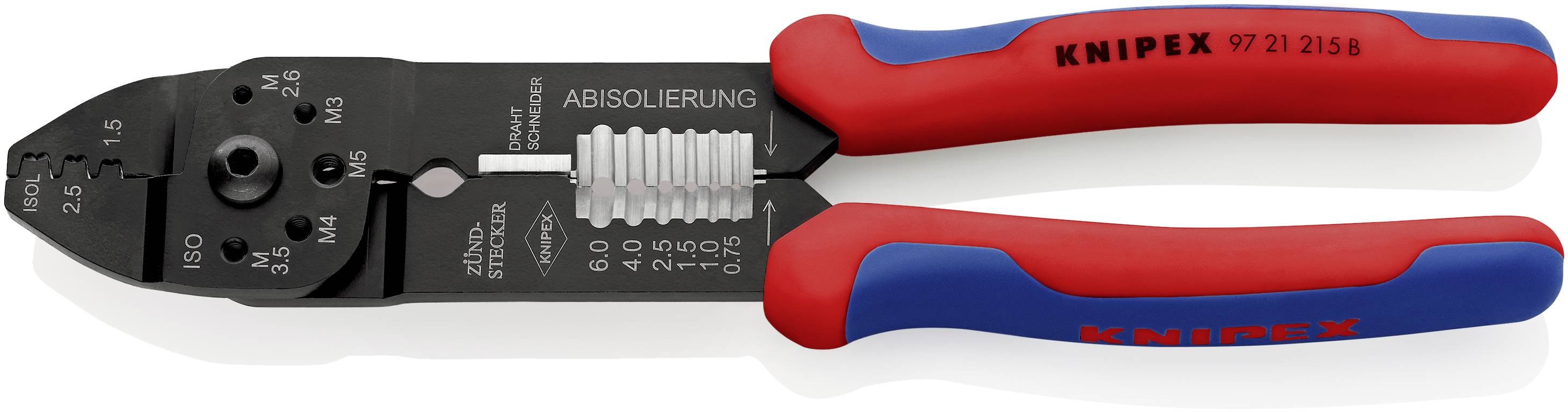 Red and blue wire strippers by Knipex, Model 97 21 215B, on a white background, with a scale for adjusting wire thickness.