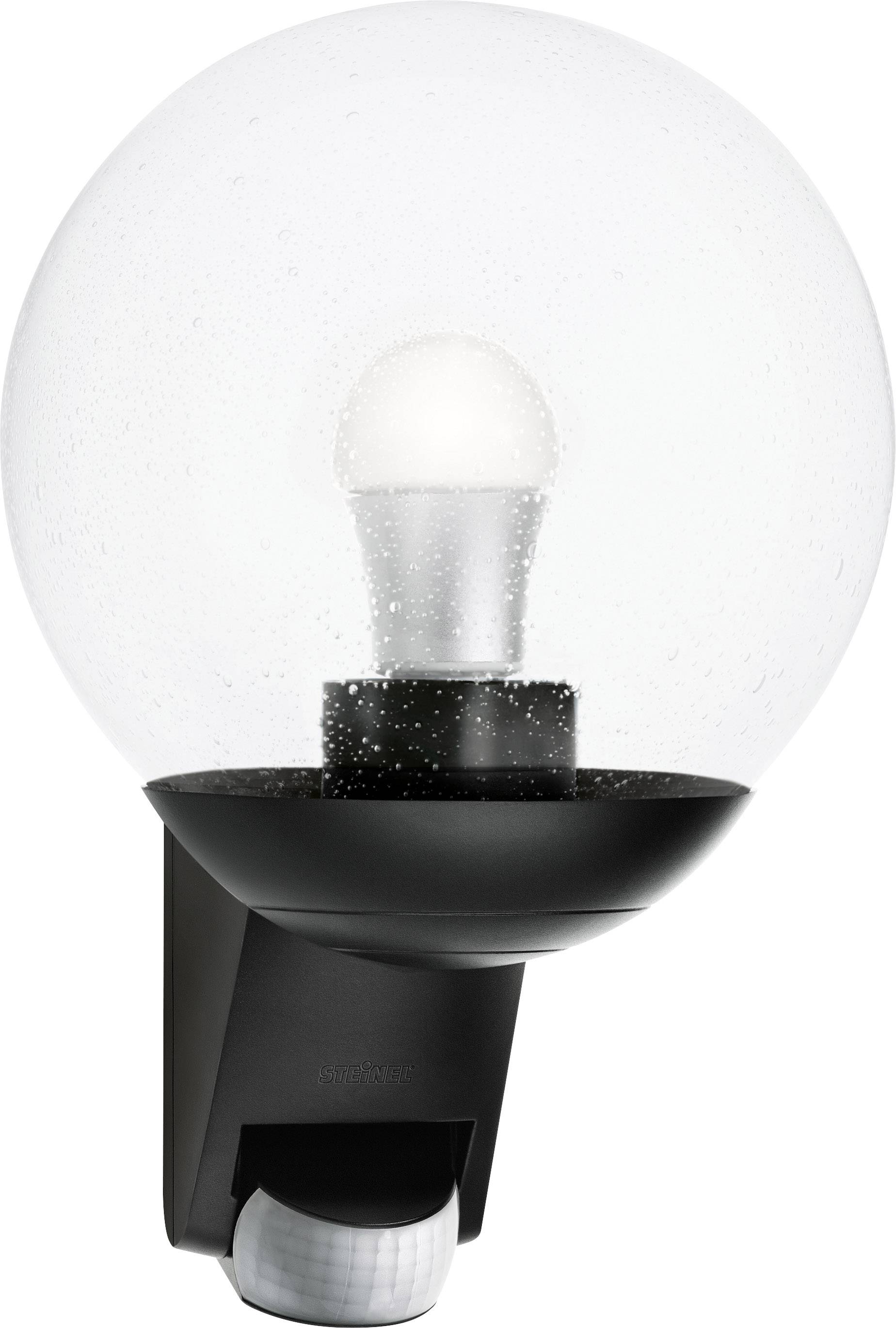 A spherical outdoor light with a black mounting bracket, suitable for outdoor use. It has a motion sensor at the bottom.