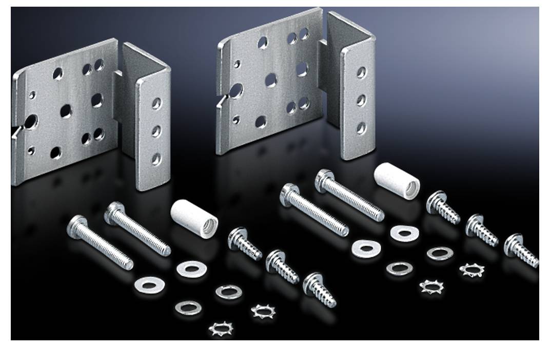 Metal angles and various fixing materials, including screws, nuts and washers, arranged on a dark background.