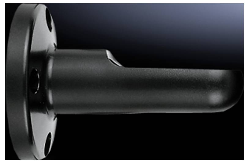 Black metal door handle, side view, on a dark background. The handle has a round base with four screw holes.